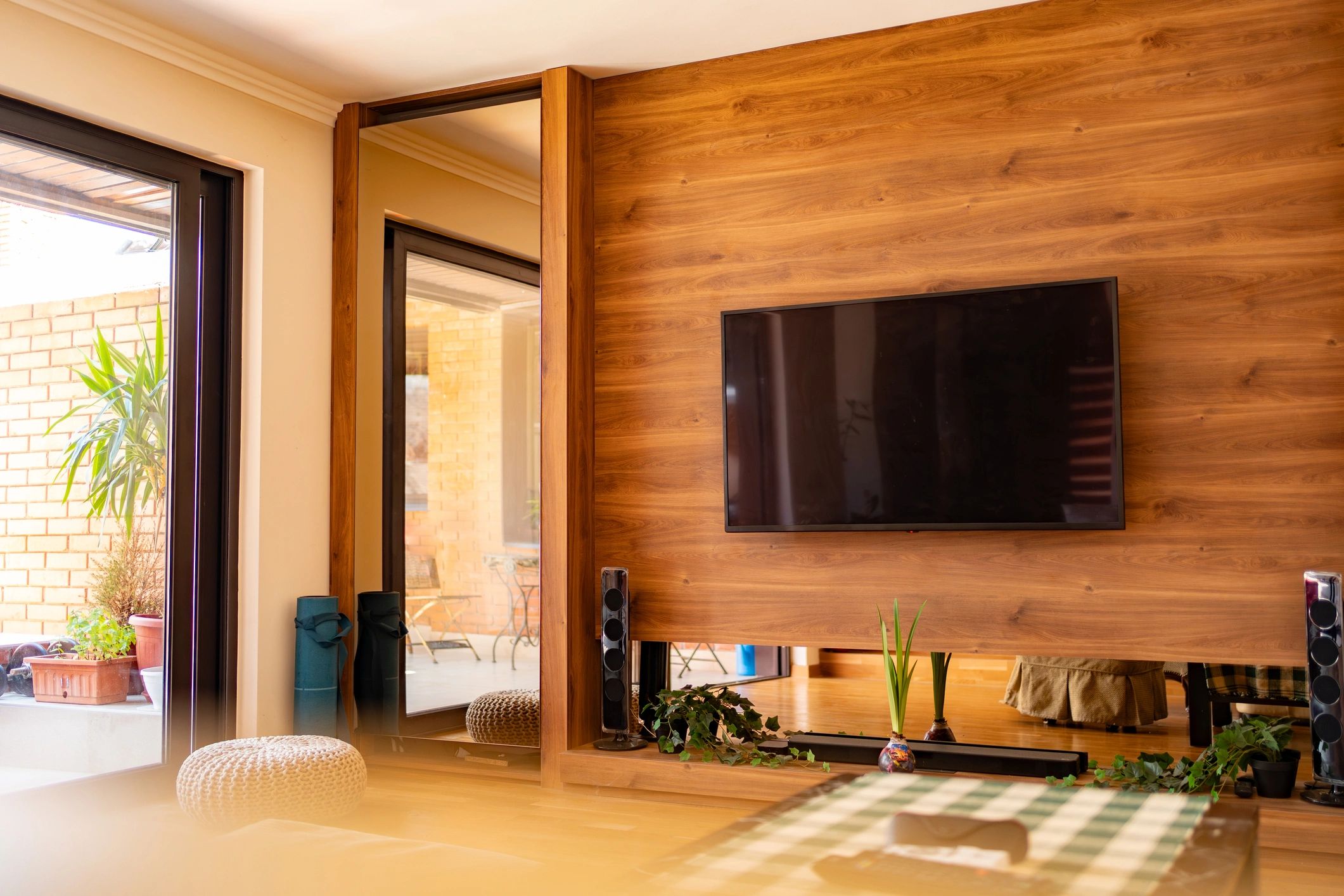 Modern living room interior with warm wood accents